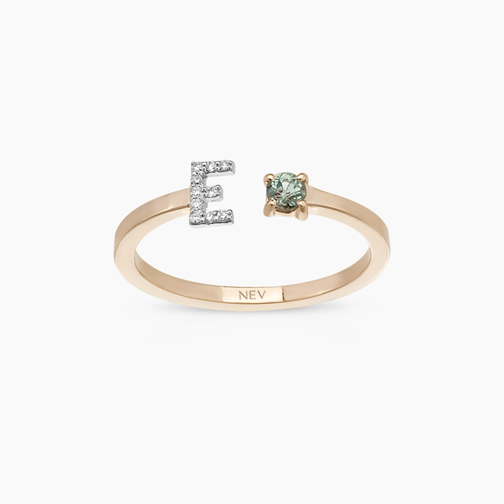 Diamond and Green Sapphire Rose Gold E Letter Ring - 1