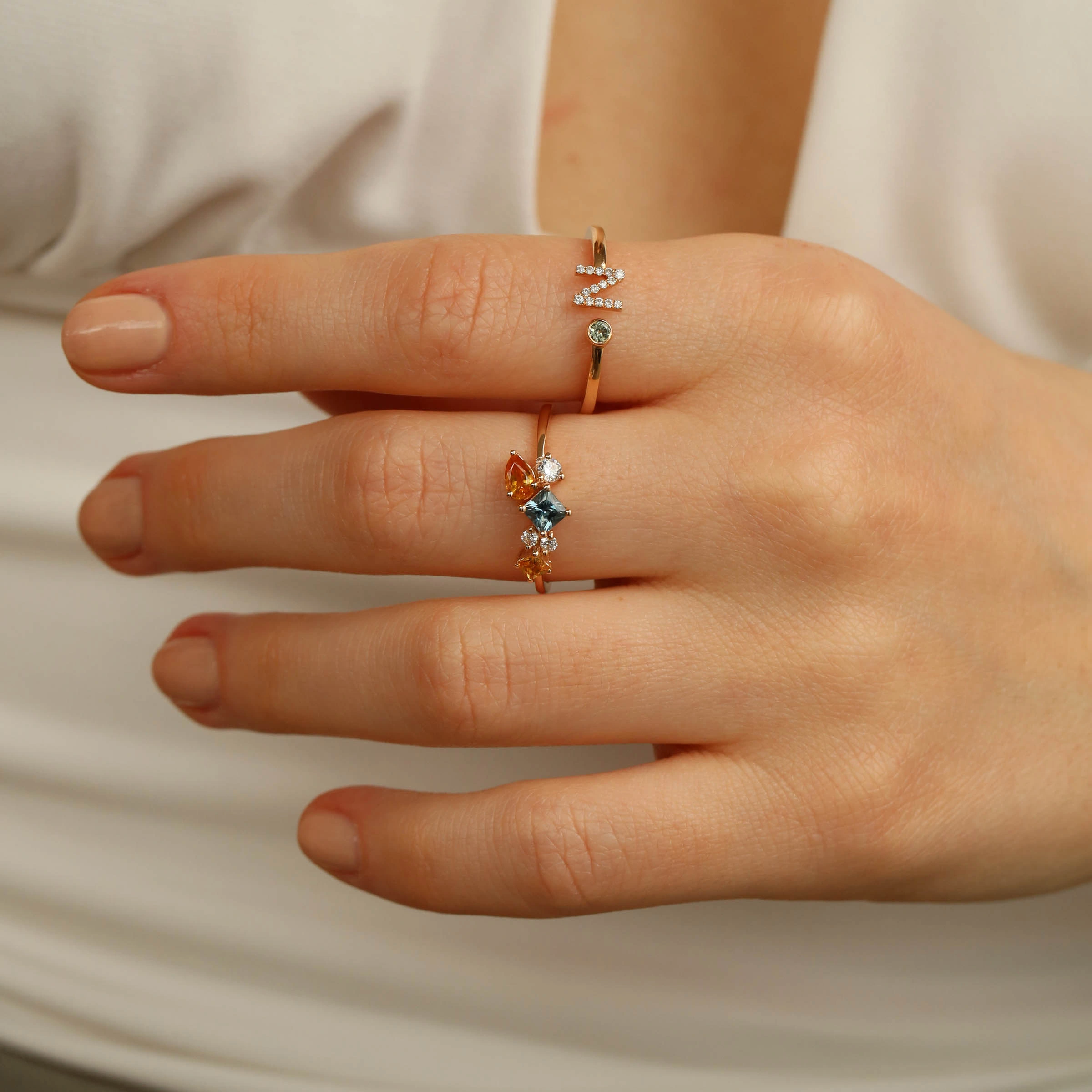 Diamond and Green Sapphire Rose Gold N Letter Ring - Nev Jewellery (1)