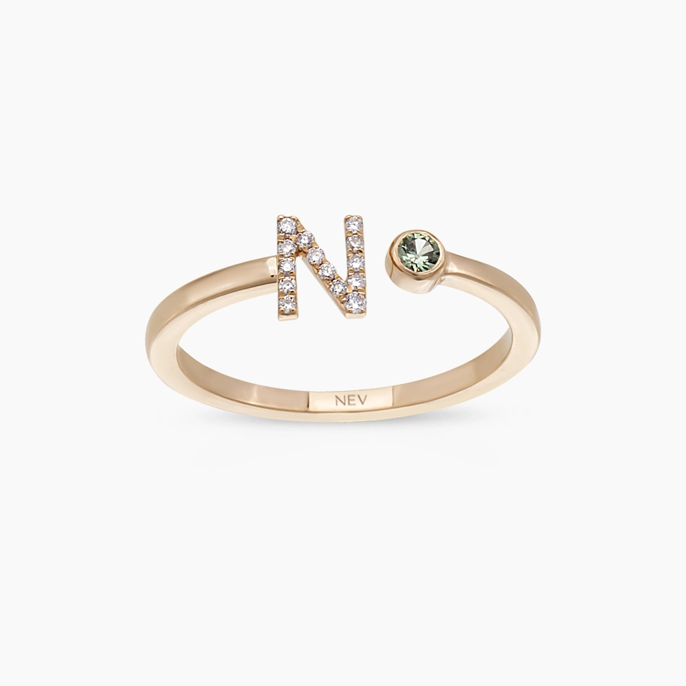 Diamond and Green Sapphire Rose Gold N Letter Ring - 1