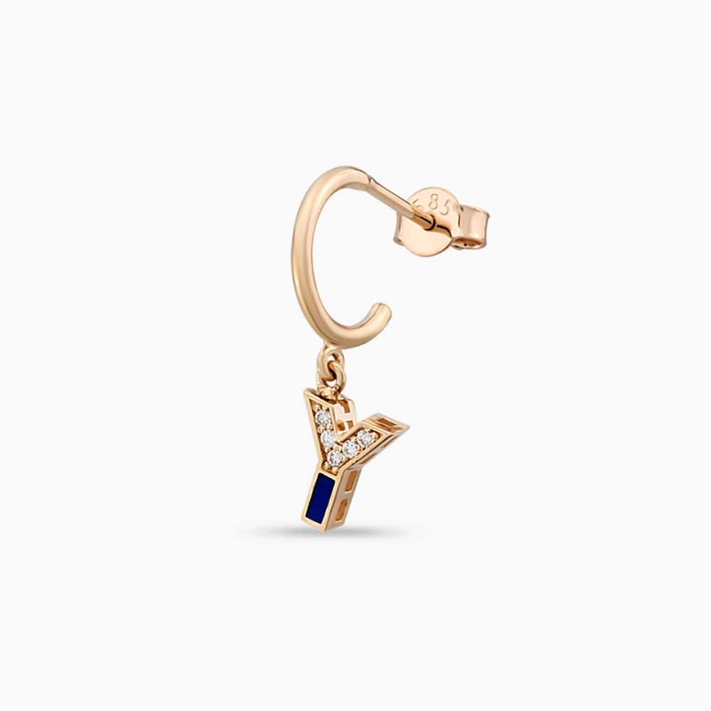 Diamond and Navy Blue Enamel Y Letter Single Dangling Earring - 1