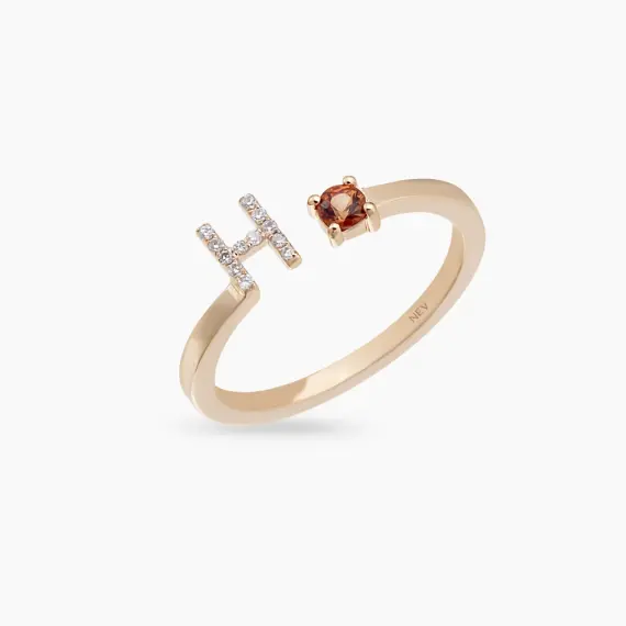 Diamond and Orange Saphhire Rose Gold H Letter Ring - 2