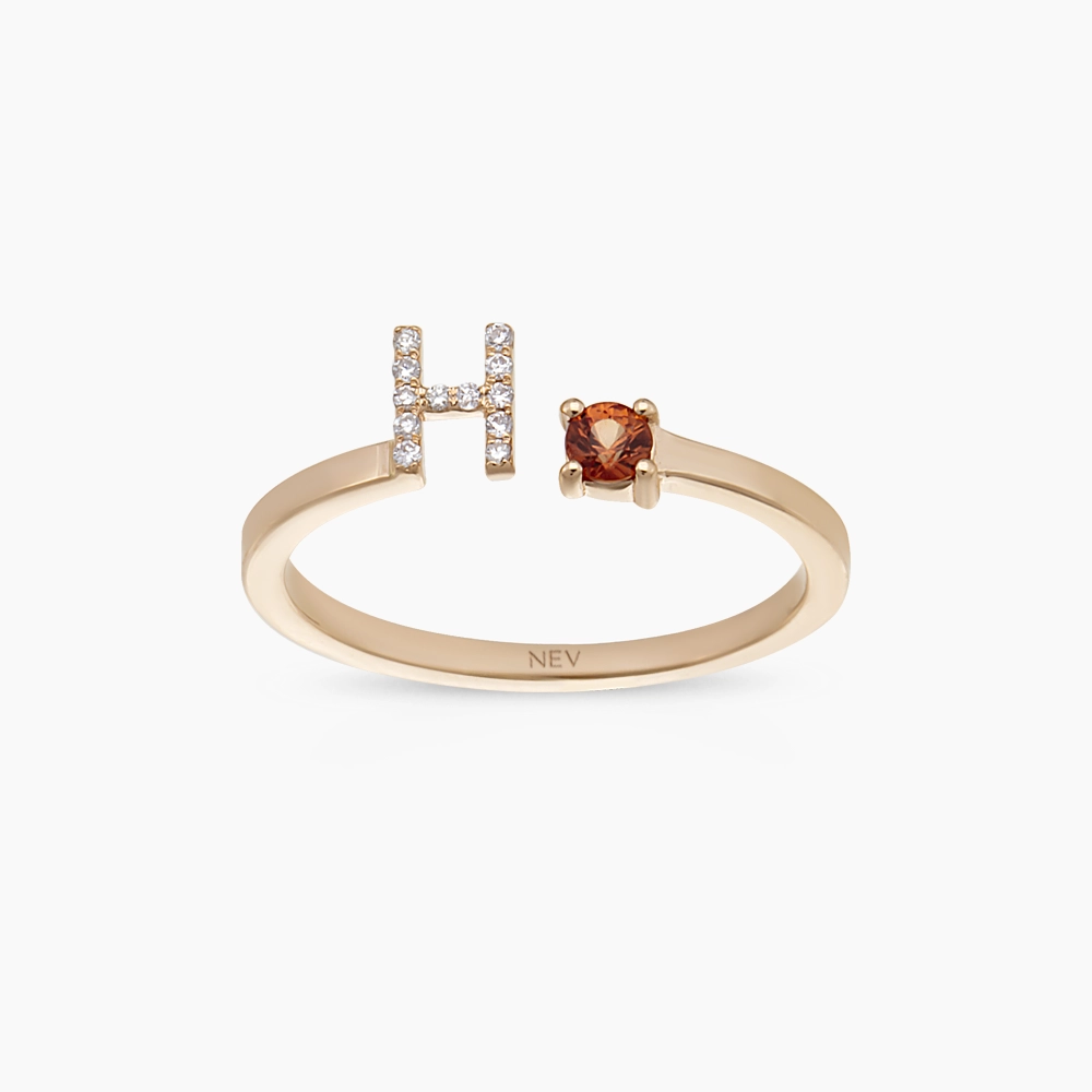 Diamond and Orange Saphhire Rose Gold H Letter Ring - 1