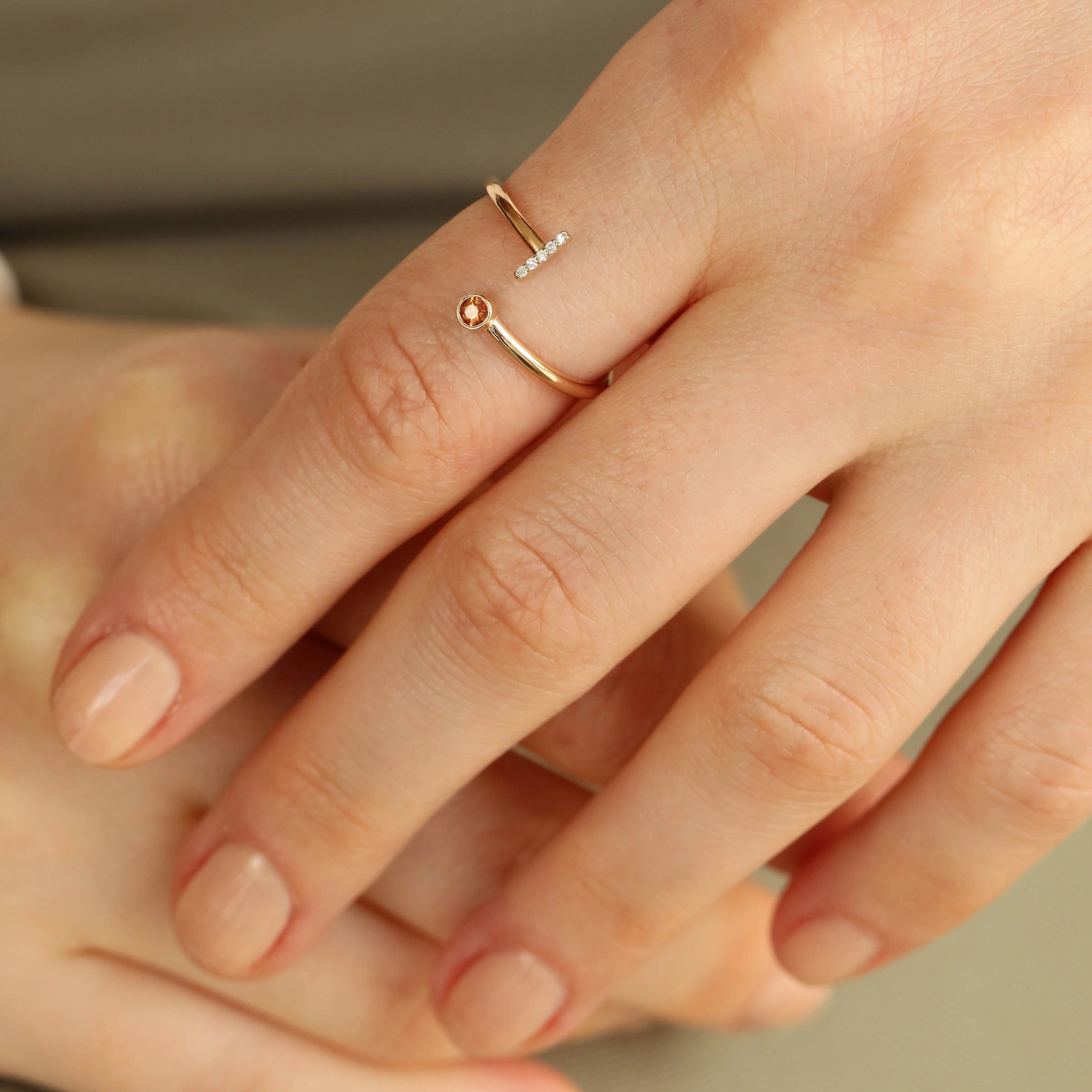 Diamond and Orange Sapphire Rose Gold I Letter Ring - 4