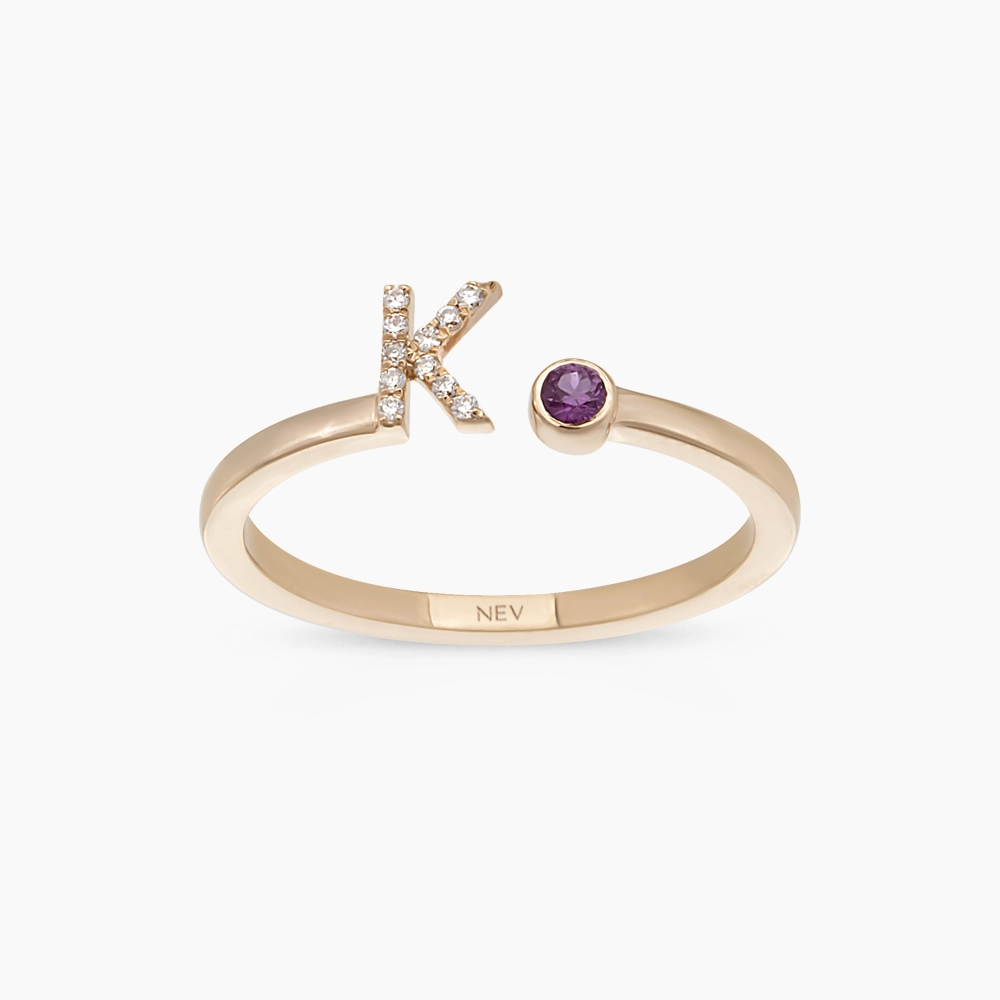 Diamond and Purple Sapphire Rose Gold K Letter Ring - 1