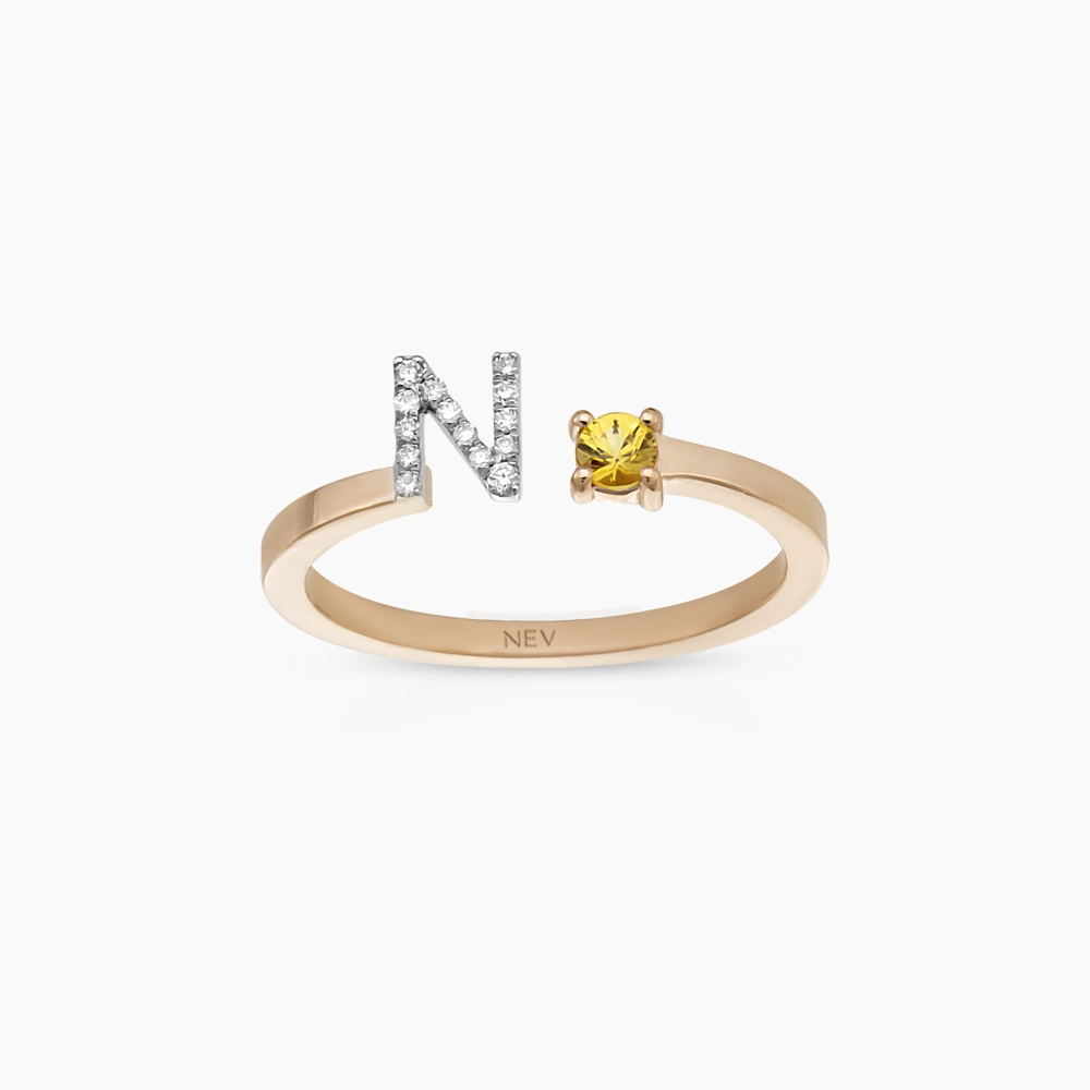 Diamond and Yellow Sapphire Rose Gold N Letter Ring - 1