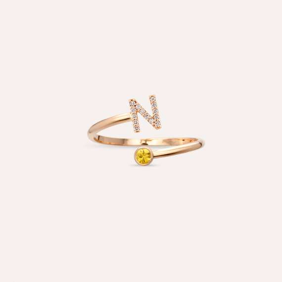 Diamond and Yellow Sapphire Rose Gold N Letter Ring - 4