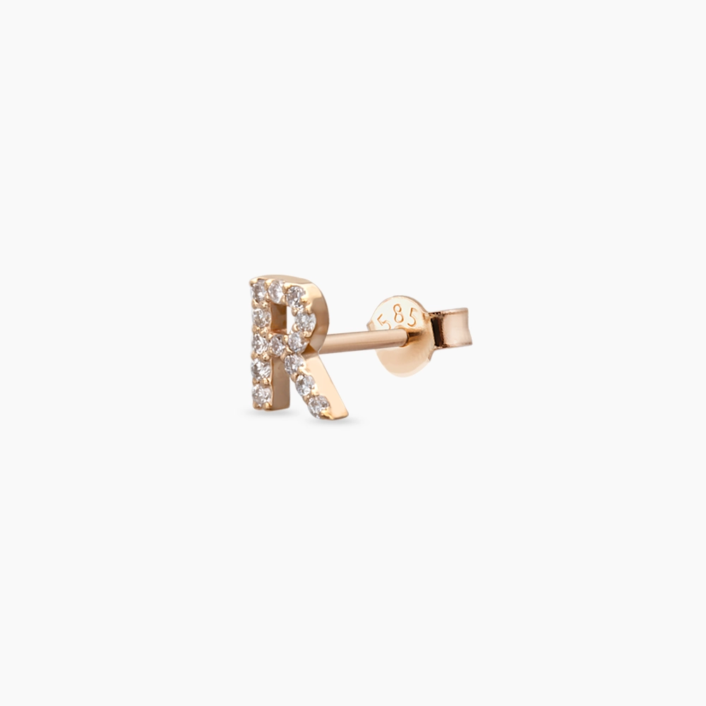 Diamond Rose Gold R Letter Mini Single Earring - 1