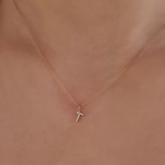 Diamond Rose Gold T Letter Necklace - 2