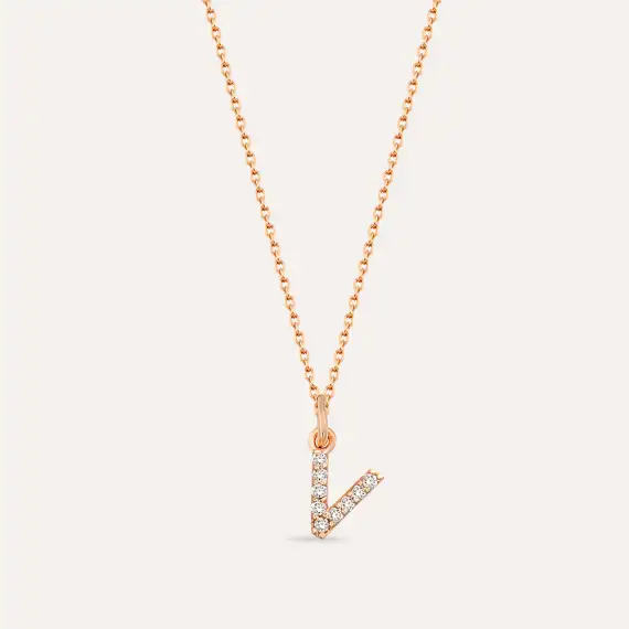Diamond Rose Gold V Letter Necklace - 1