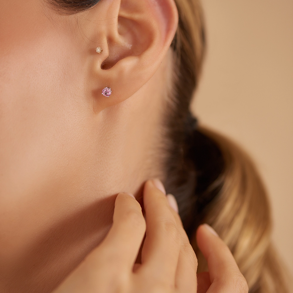 Duo 0.75 CT Light Pink Safir Taşlı Beyaz Altın Küpe - Nev Jewellery (1)