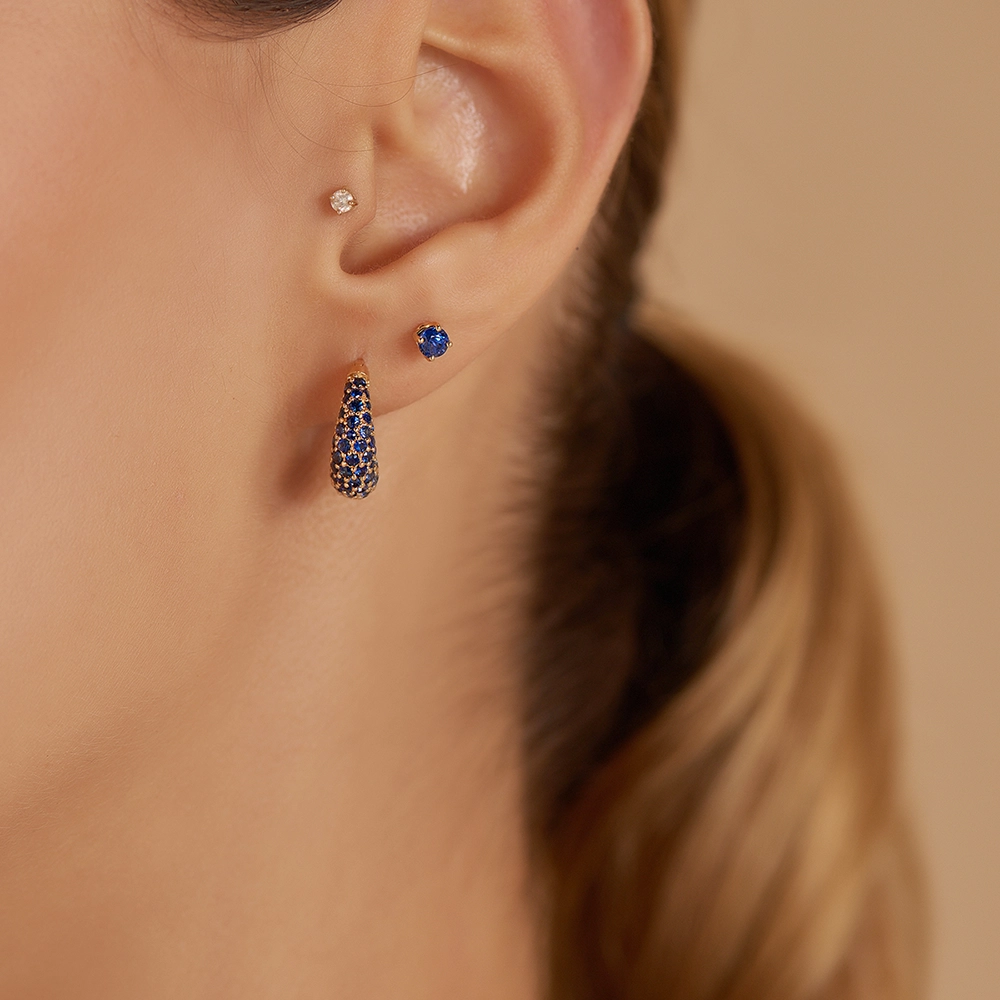 Duo Blue Safir Taşlı Rose Altın Küpe - Nev Jewellery (1)