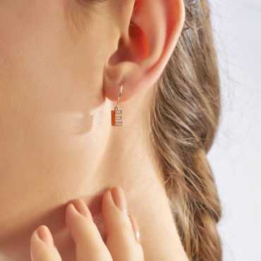 E Harf Turuncu Mineli ve Pırlanta Taşlı Tek C Küpe - Nev Jewellery