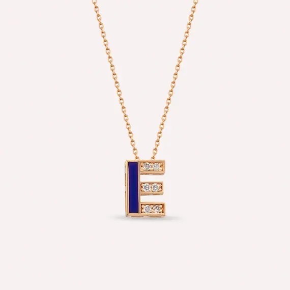 E Letter Diamond and Orange Enamel Rose Gold Pendant - 1