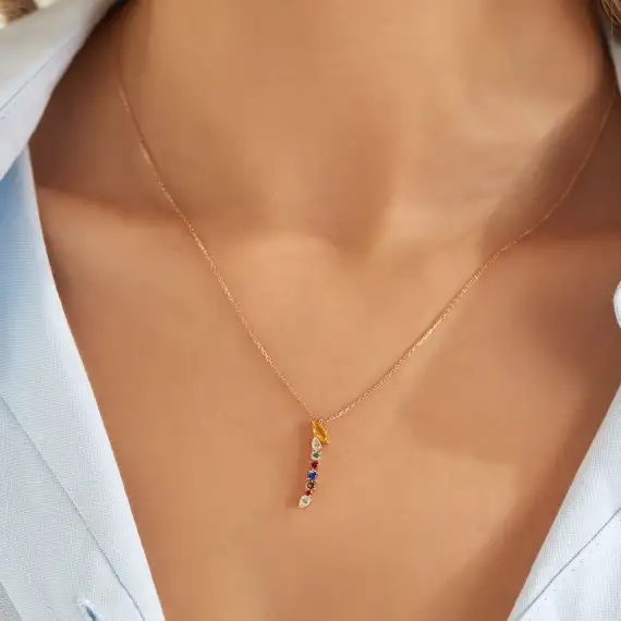 ا Elif Letter 0.76 CT Diamond and Multicolor Sapphire Rose Gold Necklace - 2