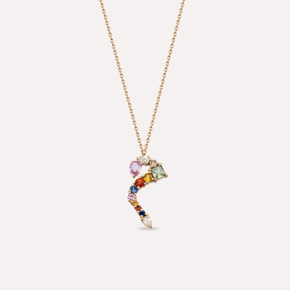 م Mim Letter 0.68 CT Diamond and Multicolor Sapphire Rose Gold Necklace - Nev Jewellery
