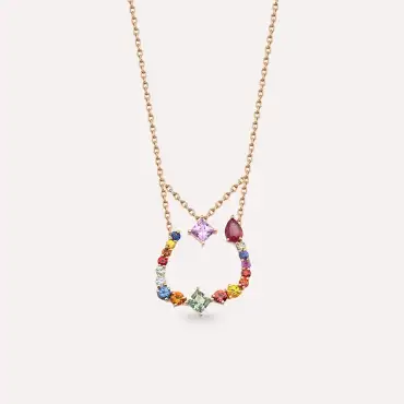 ن‎ Nun Letter 1.09 CT Diamond and Multicolor Sapphire Rose Gold Necklace - Nev Jewellery (1)