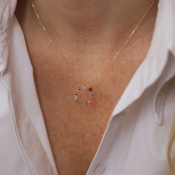 ن‎ Nun Letter 1.09 CT Diamond and Multicolor Sapphire Rose Gold Necklace - Nev Jewellery