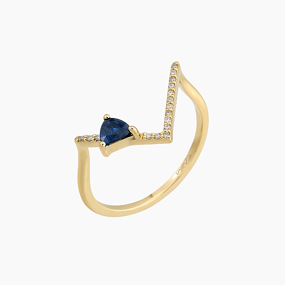0.32 CT Diamond and Sapphire Yellow Gold Chevron Ring - 3