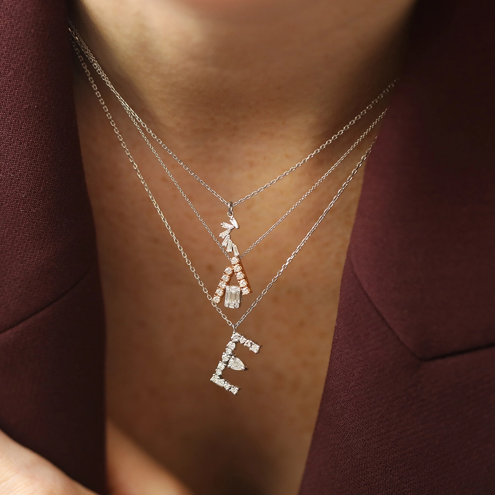 0.45 CT Pear and Princess Cut Diamond White Gold E Letter Necklace - Nev Jewellery (1)