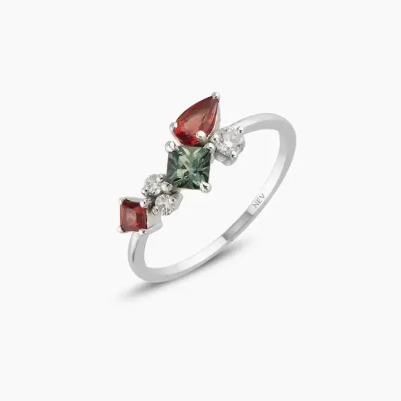 0.95 CT Multicolor Sapphire and Diamond White Gold Ring - 4