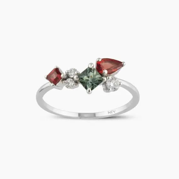 0.95 CT Multicolor Sapphire and Diamond White Gold Ring - 1