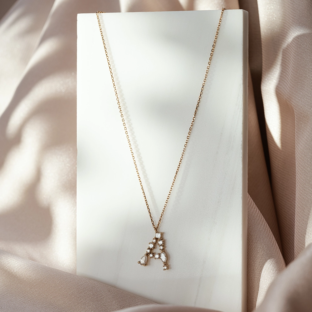 0.53 CT Marquise and Pear Cut Diamond Rose Gold A Letter Necklace - 4