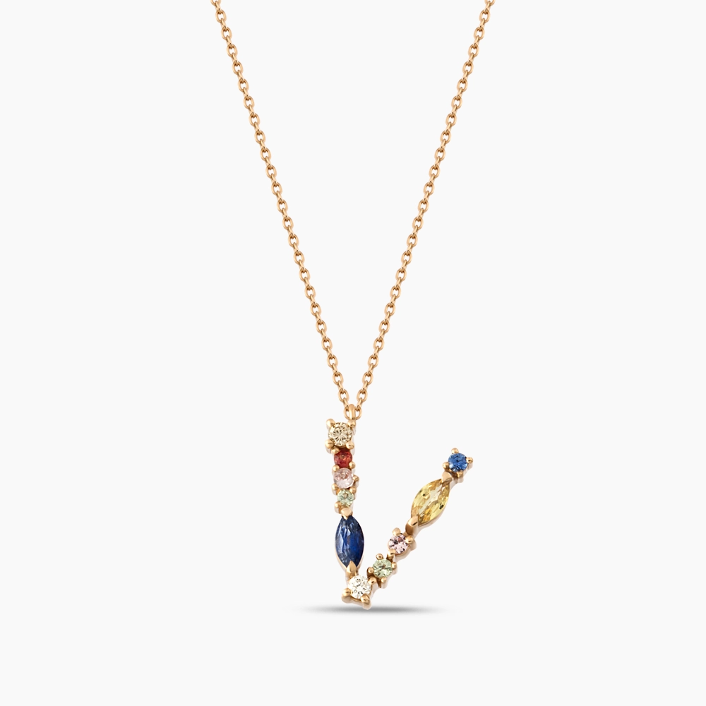 0.55 CT Brown Diamond and Multicolor Sapphire V Letter Pendant - 1