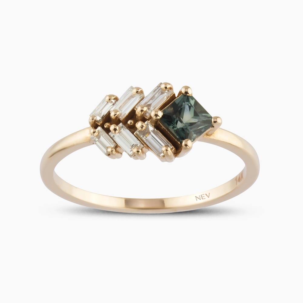 0.68 CT Green Sapphire and Baguette Cut Diamond Rose Gold Ring - Nev Jewellery (1)