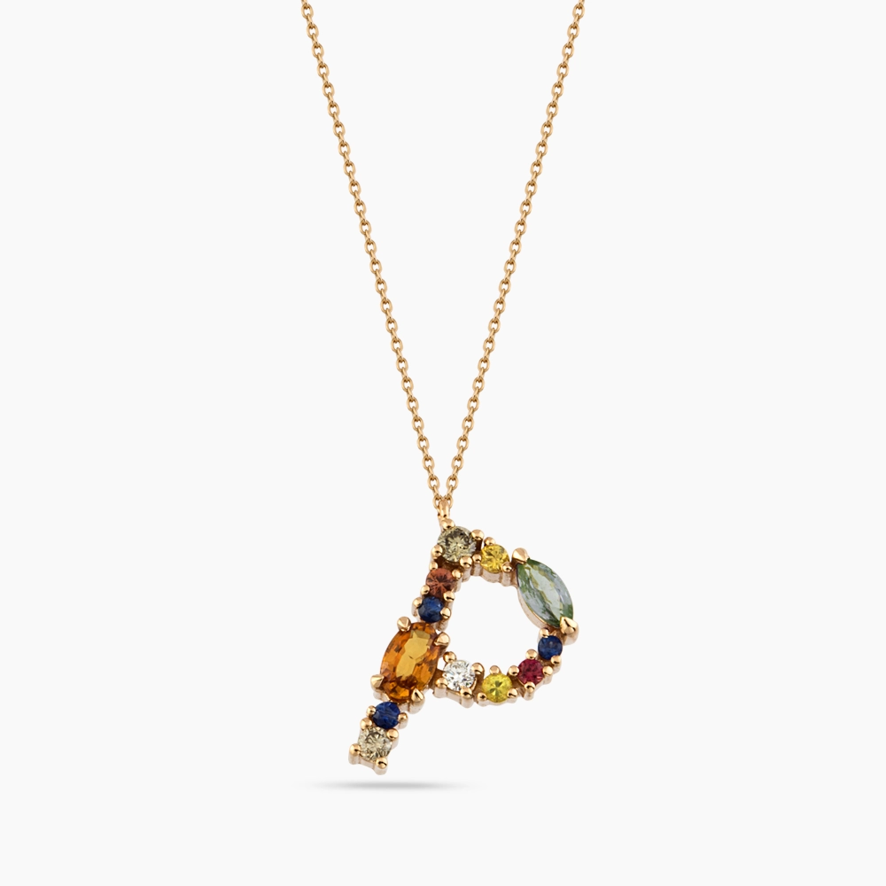 0.78 CT Brown Diamond and Multicolor Sapphire P Letter Pendant - 1