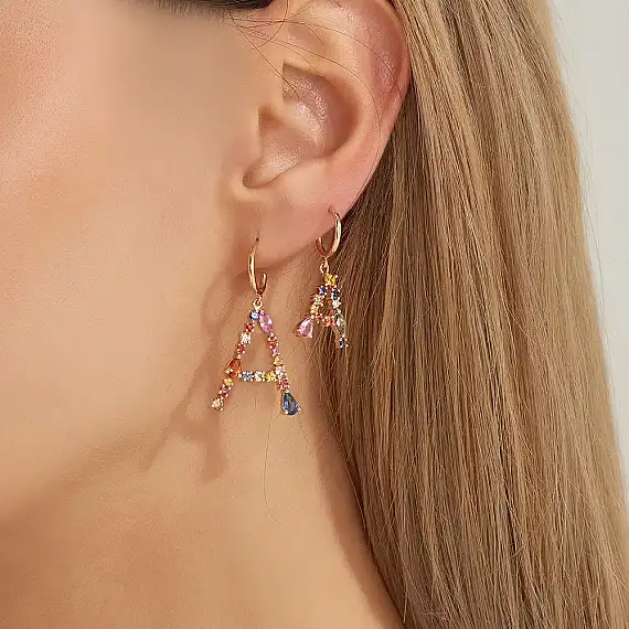 0.71 CT Multicolor Sapphire and Brown Diamond A Letter Single Earring - 1