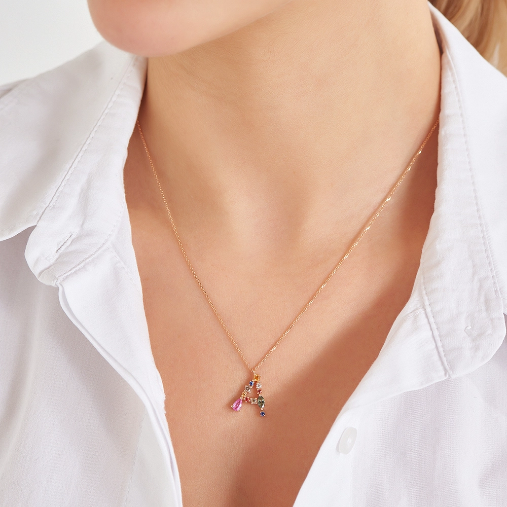 0.71 CT Brown Diamond and Multicolor Sapphire A Letter Pendant - 2