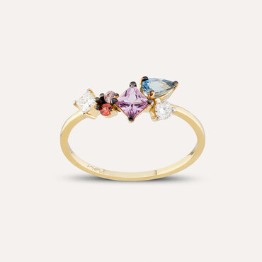 1.00 CT Multicolor Sapphire and Diamond Yellow Gold Ring - Nev Jewellery