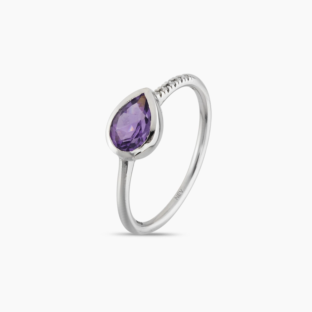 0.78 CT Pear Cut Amethyst and Diamond White Gold Ring - 4