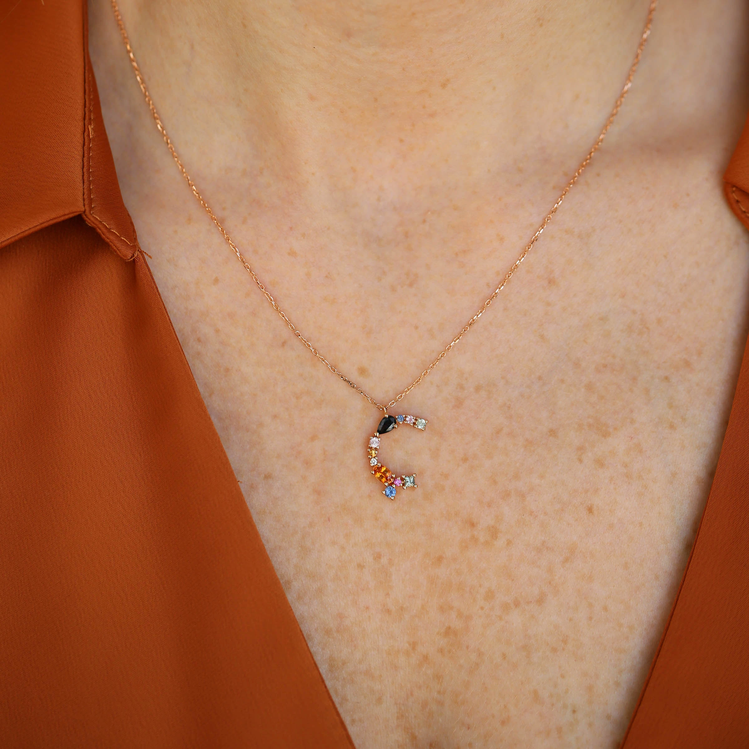 0.81 CT Brown Diamond and Multicolor Sapphire Ç Letter Pendant - 3