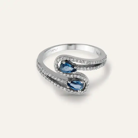0.82 CT Blue Safir ve Pırlanta Taşlı Beyaz Altın Yüzük - 2