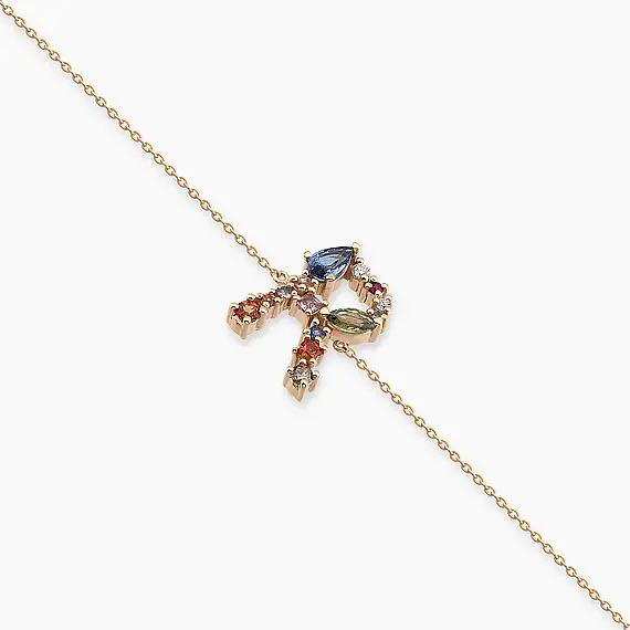 0.82 CT Brown Diamond and Multicolor Sapphire Rose Gold R Letter Bracelet - 4