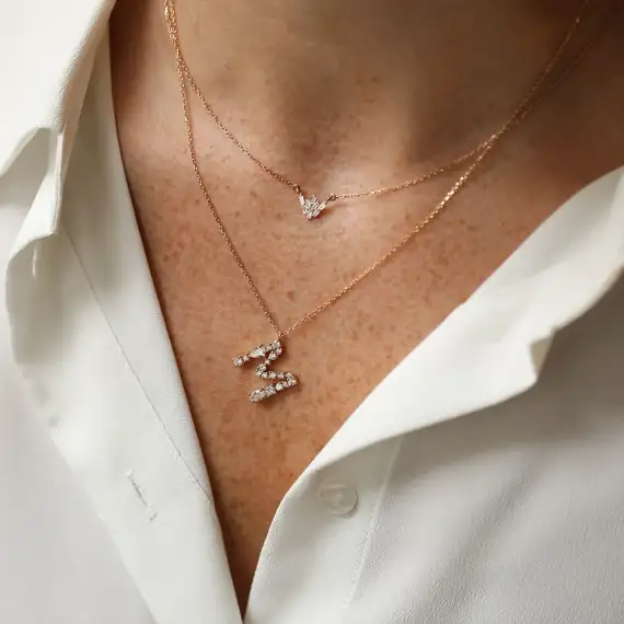 0.83 CT Pear and Oval Cut Diamond Rose Gold M Letter Necklace - 2