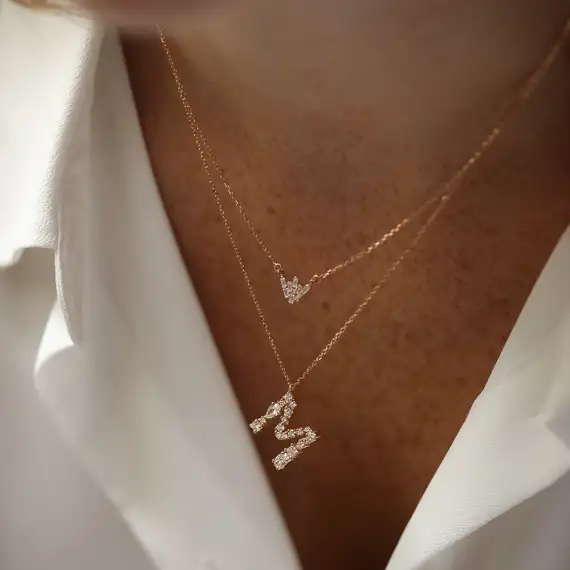 0.83 CT Pear and Oval Cut Diamond Rose Gold M Letter Necklace - 4