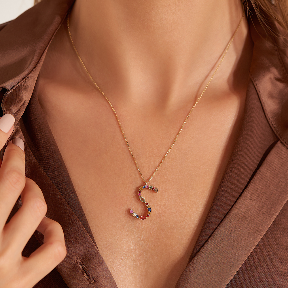 0.86 CT Brown Diamond and Multicolor Sapphire S Letter Pendant - Nev Jewellery (1)