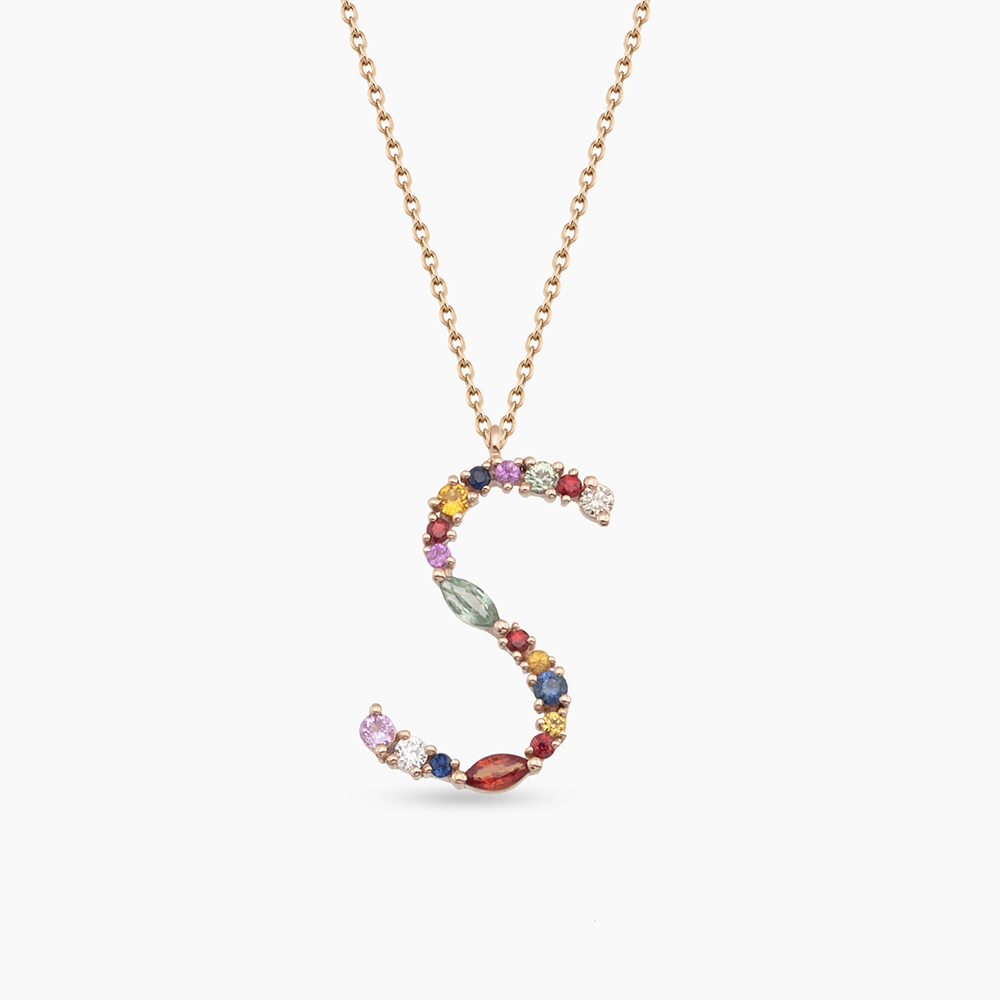 0.86 CT Brown Diamond and Multicolor Sapphire S Letter Pendant - 1