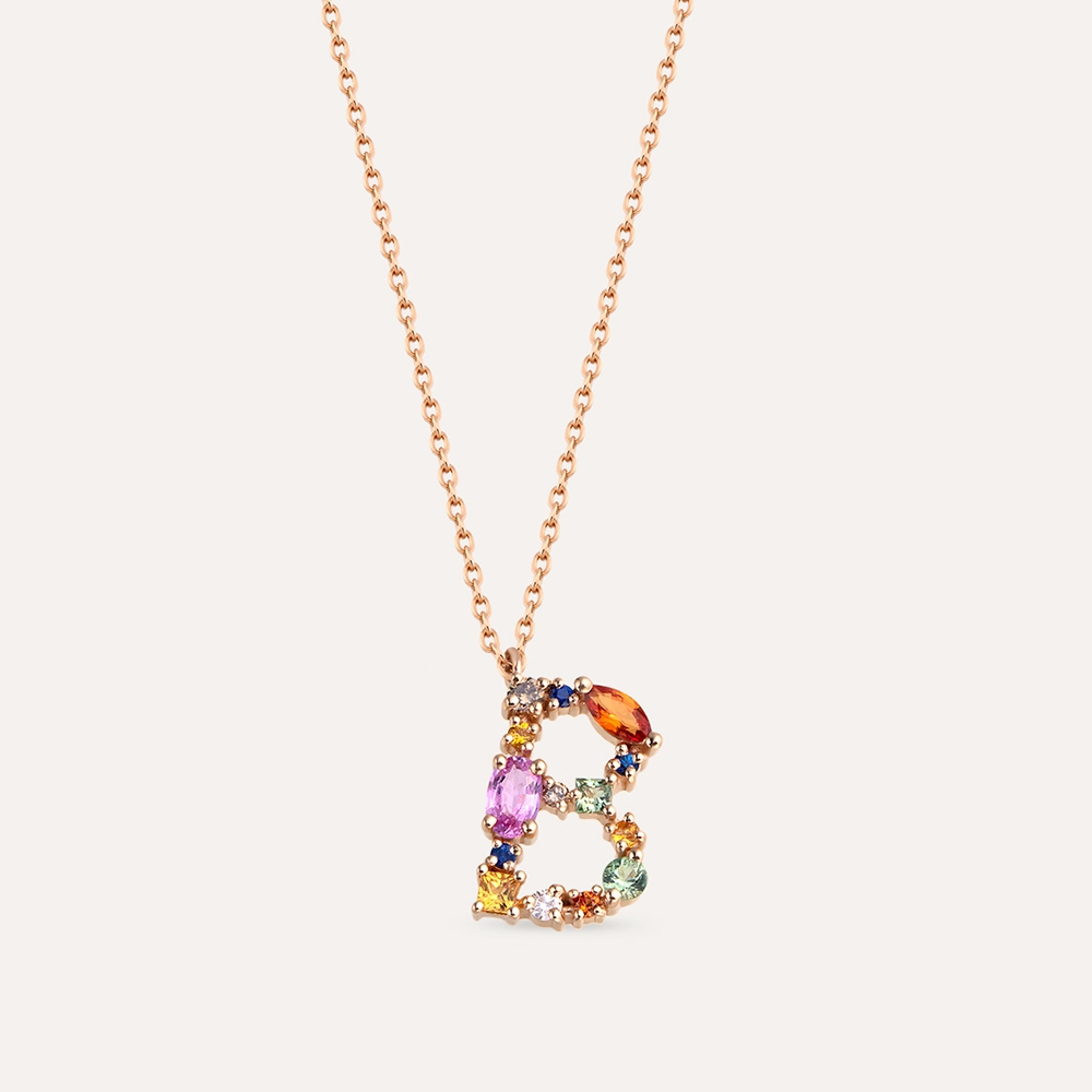 0.64 CT Brown Diamond and Multicolor Sapphire B Letter Pendant - Nev Jewellery (1)