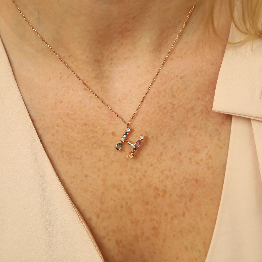 0.95 CT Multicolor Sapphire and Brown Diamond H Letter Pendant - 2