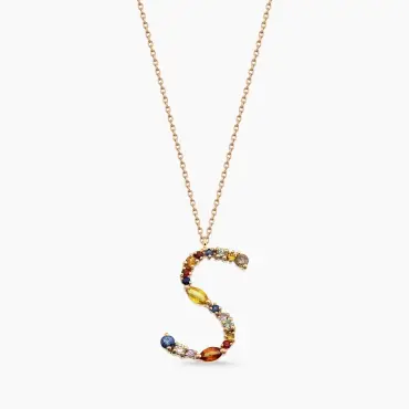 1.02 CT Multicolor Sapphire and Brown Diamond Yellow Gold S Letter Necklace - Nev Jewellery (1)