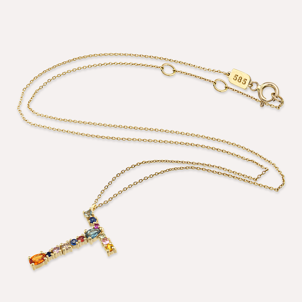 1.07 CT Multicolor Sapphire and Brown Diamond Rose Gold T Letter Necklace - Nev Jewellery (1)