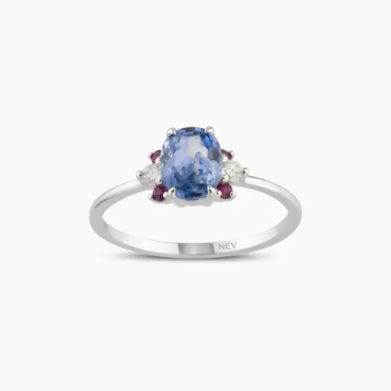 0.96 CT Blue Sapphire, Ruby and Diamond White Gold Ring - 1