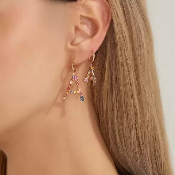 1.42 CT Multicolor Sapphire and Brown Diamond A Letter Single Earring - 6