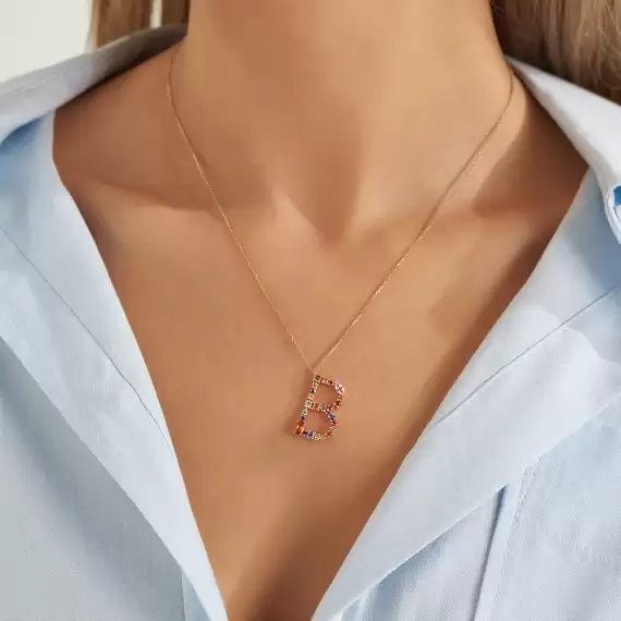 1.35 CT Multicolor Sapphire and Brown Diamond Rose Gold B Letter Necklace - 2