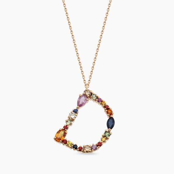 1.61 CT Multicolor Sapphire and Brown Diamond Rose Gold D Letter Necklace - Nev Jewellery