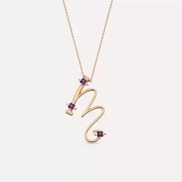 1.59 CT Ruby and Diamond, Flower Detailed Letter M Necklace - Nev Jewellery (1)