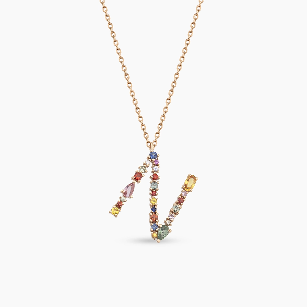 1.71 CT Brown Diamond and Multicolor Sapphire N Letter Pendant - 1